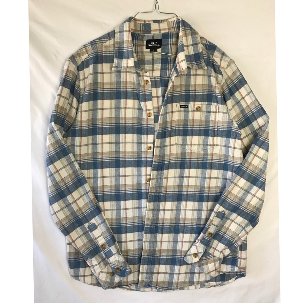 ONeill Mens Blue Tan Plaid Flannel Button Down Shirt Standard Fit Medium